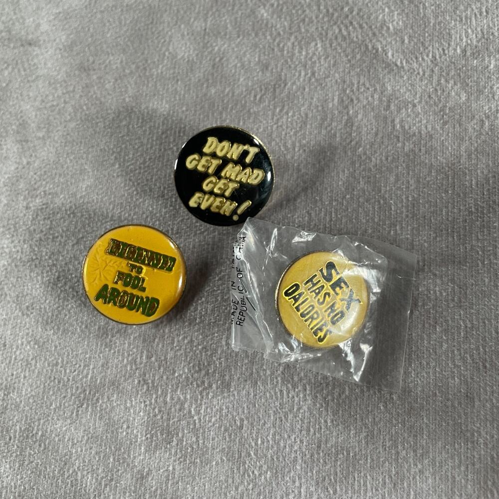 Vintage Novelty Enamel Lapel Pin Set Lot of 3 Sexy Humor Saying Pins 1" Trinket